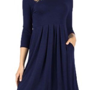 3/4 Sleeve Pleated Dress With Pockets
